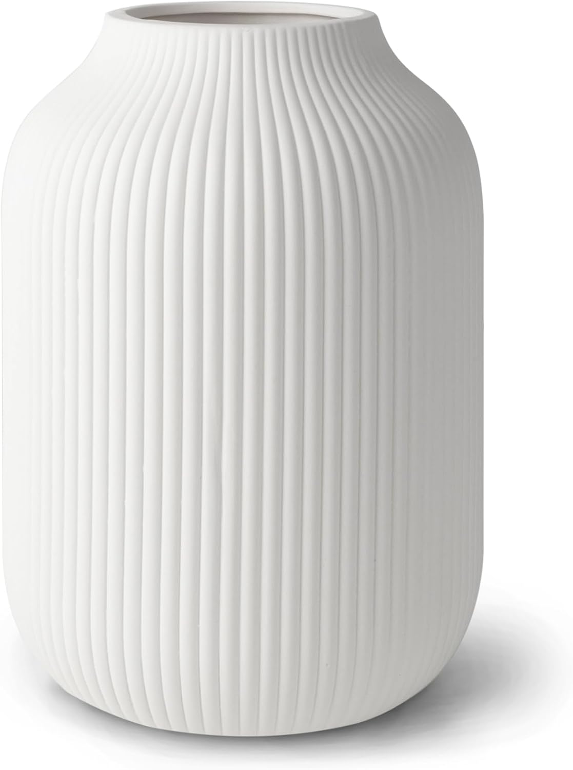 flature Keramik Vase mit Rillen – Wasserdichte Blumenvase in Weiß Matt für Schnittblumen Trockenblumen Pampasgras, Große Vase 20cm Hoch als Geschenk Deko für Wohnzimmer Schlafzimmer Büro