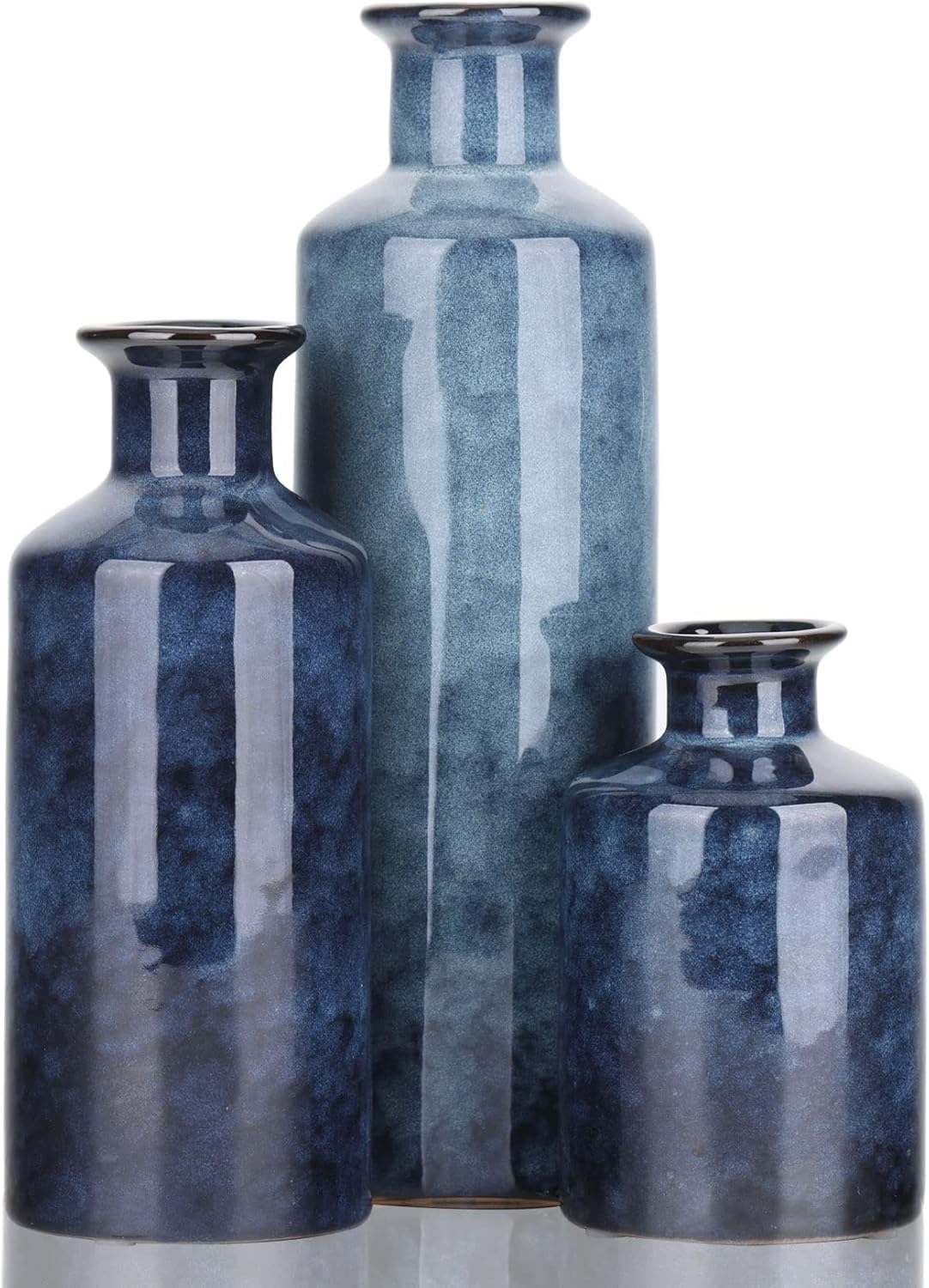 Blaues Keramikvasen-Set – 3 Blaue kleine Vasen, Bauernhaus-Landhaus-Vasen, Heimdekoration, Wohnzimmerdekoration, Tischdekoration, Kamindekoration und Eingangsdekoration