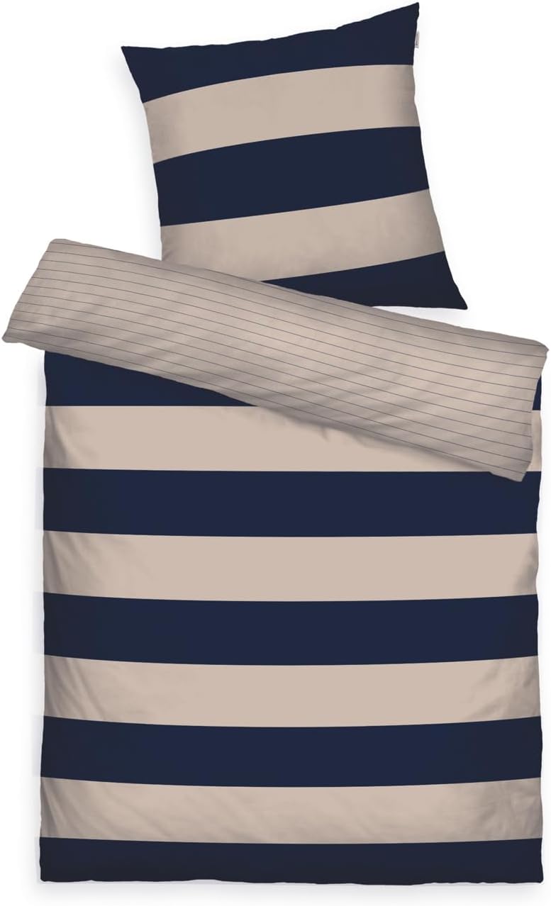 TOM TAILOR Renforcé-Bettwäsche, 80x80 cm + 135x200 cm, 100% Baumwolle/ Renforcé, mit Wendemotiv und farbigem Markenreißverschluss, BOLD STRIPES Blau, Beige (Dark Navy & Sunny Sand)
