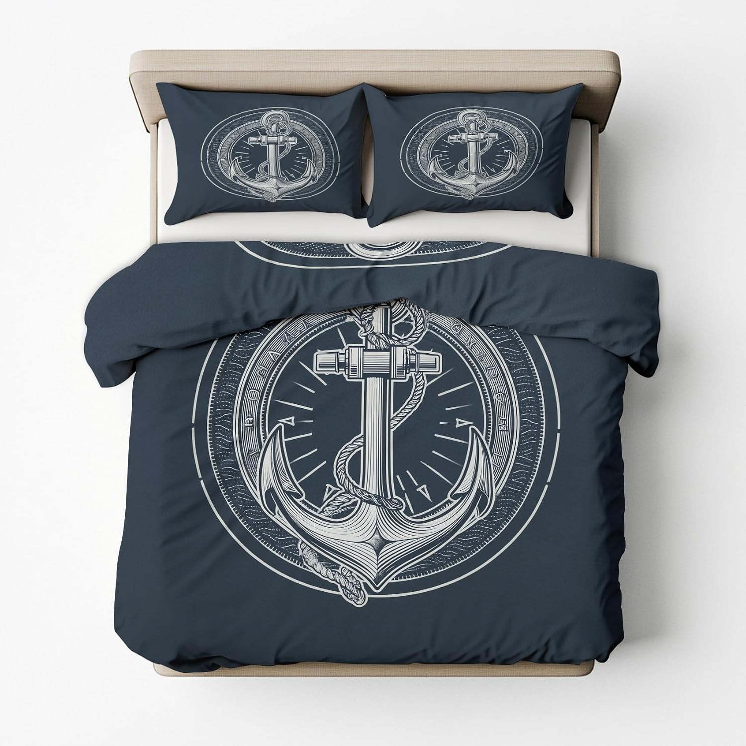 Bettwäsche 135x200 Nautisch Ankers Wende Motiv 2tlg, Schlafzimmer Deko, Maritim Ozean Meer Küste Marineblau Bettbezug und 1 Kissenbezug 80x80, Weiche Mikrofaser Deckenbezug mit Reißverschluss -d282