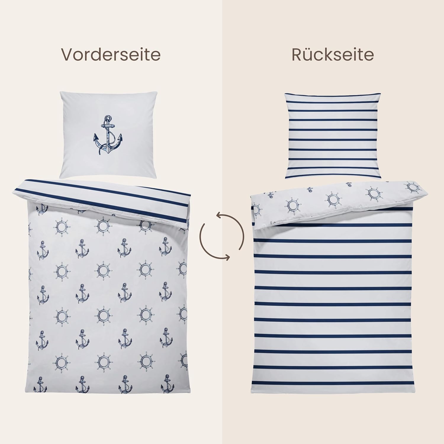 MTOnlinehandel Küstenanker Bettwäsche 135x200 cm + 80x80 cm – Renforce Baumwolle, Maritime Bettwäsche mit Anker & Steuerrad, Öko-Tex Standard 100, Reißverschluss