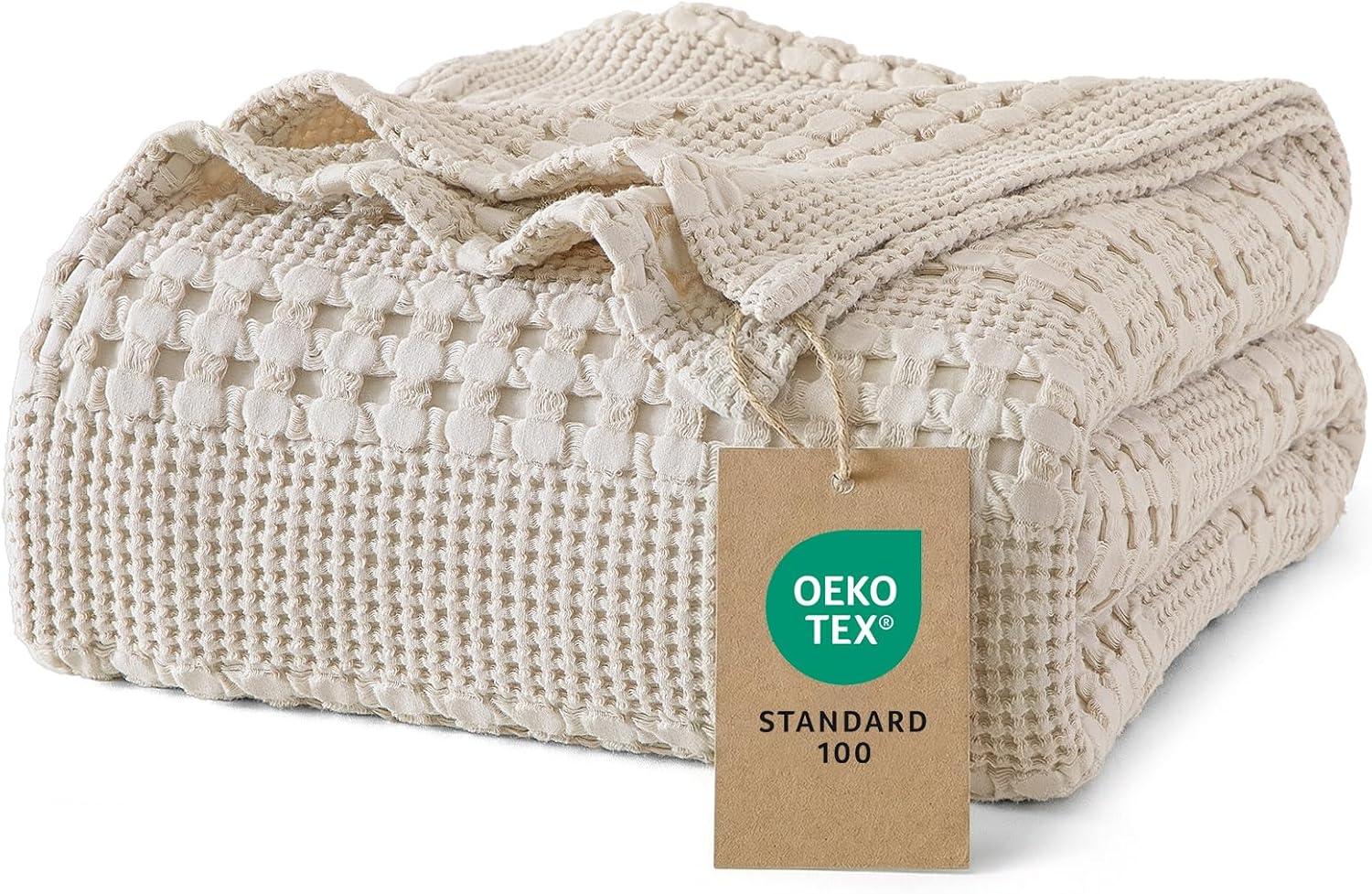 PHF 100% Baumwolle Waffledecke Kuscheldecke 150x200cm, Oeko-TEX® Zertifiziert - Hotelwäschequalität - Ideal für Sofa Couch Bett, leicht & atmungsaktiv, Hellbeige (Oatmeal)