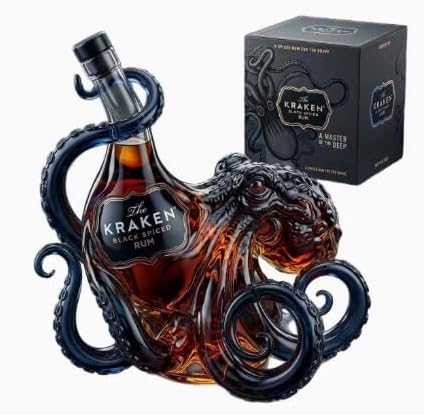 3D Oktopus Deko-Flasche 350ml, The Kraken Rum Edition 3D Octopus Bottle Design, Nautischer Glas-Dekanter & Krake Flasche für Premium Kraken Rum, Whisky & Spirituosen, Bar-Deko Schwarz (1, Schwarz)
