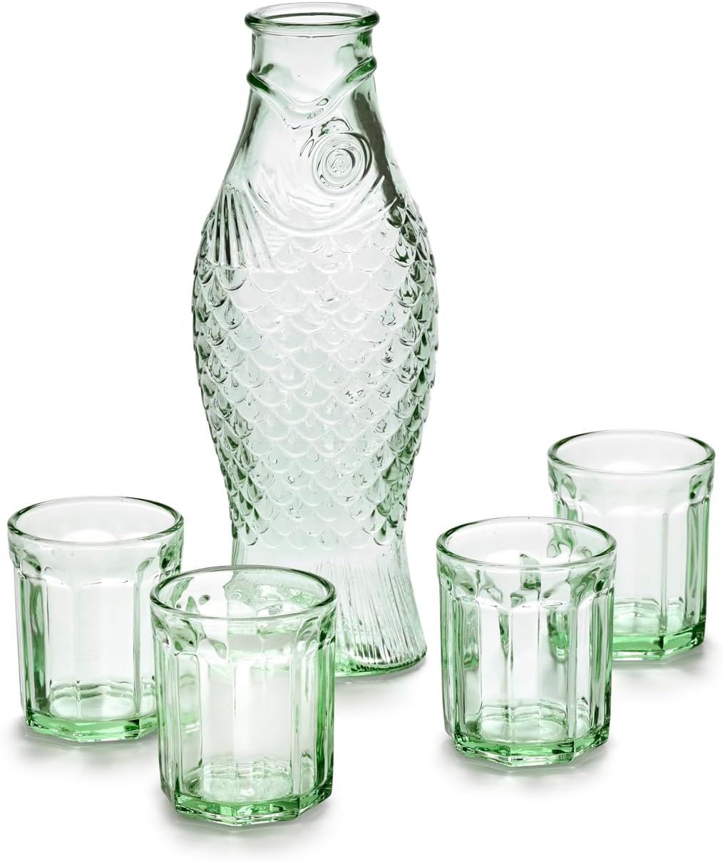 Serax Fish & Fish Glaswaren-Geschenkset mit 1 grüner Karaffe und 4 Gläsern | Paola Navona Design | gepresste Glaswaren | originelle Geschenkidee für Zuhause