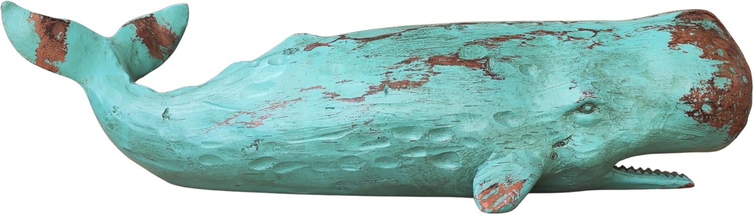 MichaelNoll Wal Dekofigur Statue Skulptur aus Polyresin - Maritim Deko für Wohnung in Holz-Optik Grün - Dekoration modern für Wohnzimmer, Schlafzimmer oder Badezimmer - 40x12,8x11,5 cm