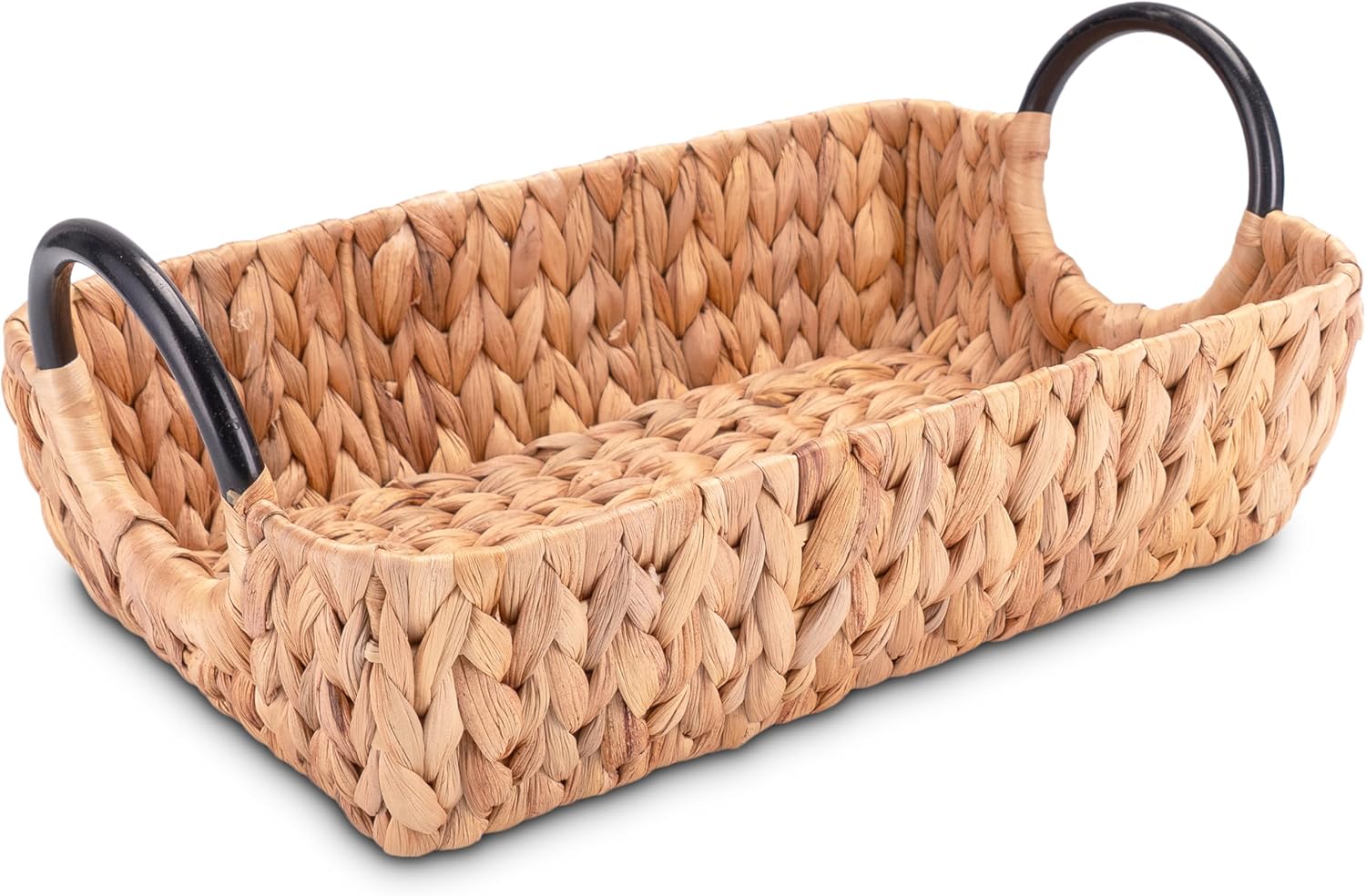 Decorasian Serviertablett geflochten aus Wasserhyazinthe – Deko Tablett rechteckig mit Griffen - Natur Holztablett als Frühstückstablett oder Hockertablett - 40 x 25 x 10cm