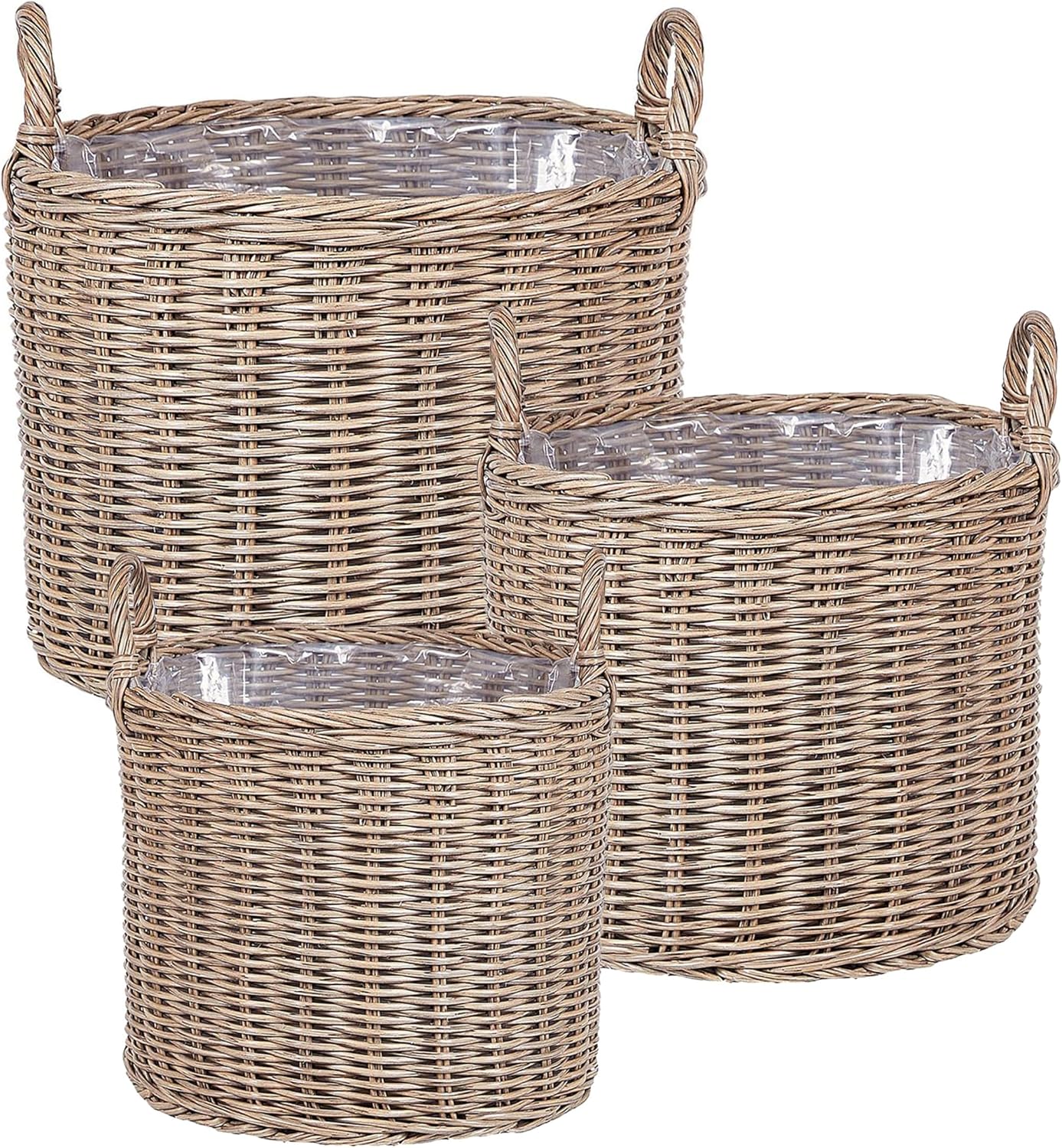 Blumenkorb Rattan braun 3er Set rund geflochten mit Folie Griffen Boho Pendula
