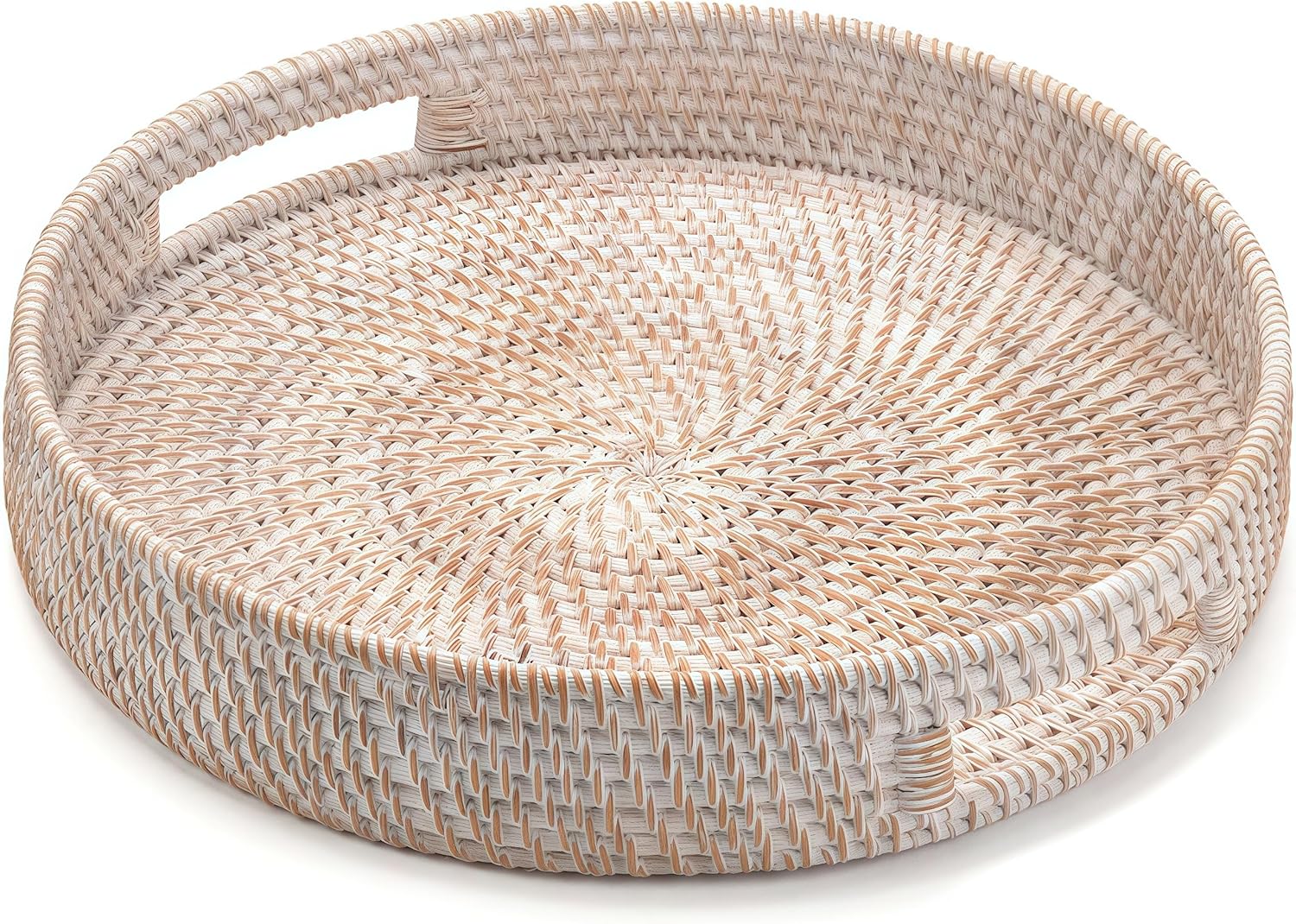 Rundes Rattan Serviertablett, Handgewebtes Serviertablett mit Griffen, Wicker Servierkorb, Dekoratives Tablett für Küche, Wohnzimmer (Weiße, 30 cm)