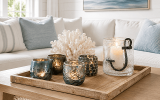 Styling im Hamptons Stil mit Tablett und Wiundlichtern