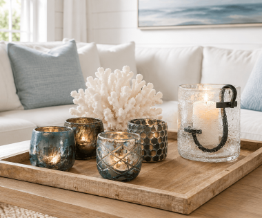 Styling im Hamptons Stil mit Tablett und Wiundlichtern