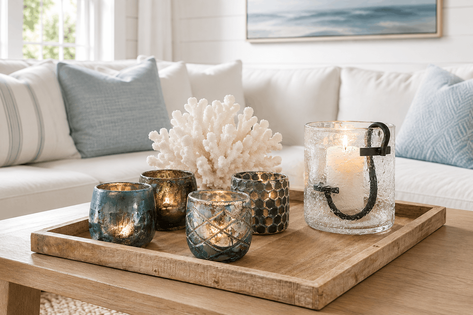 Styling im Hamptons Stil mit Tablett und Wiundlichtern