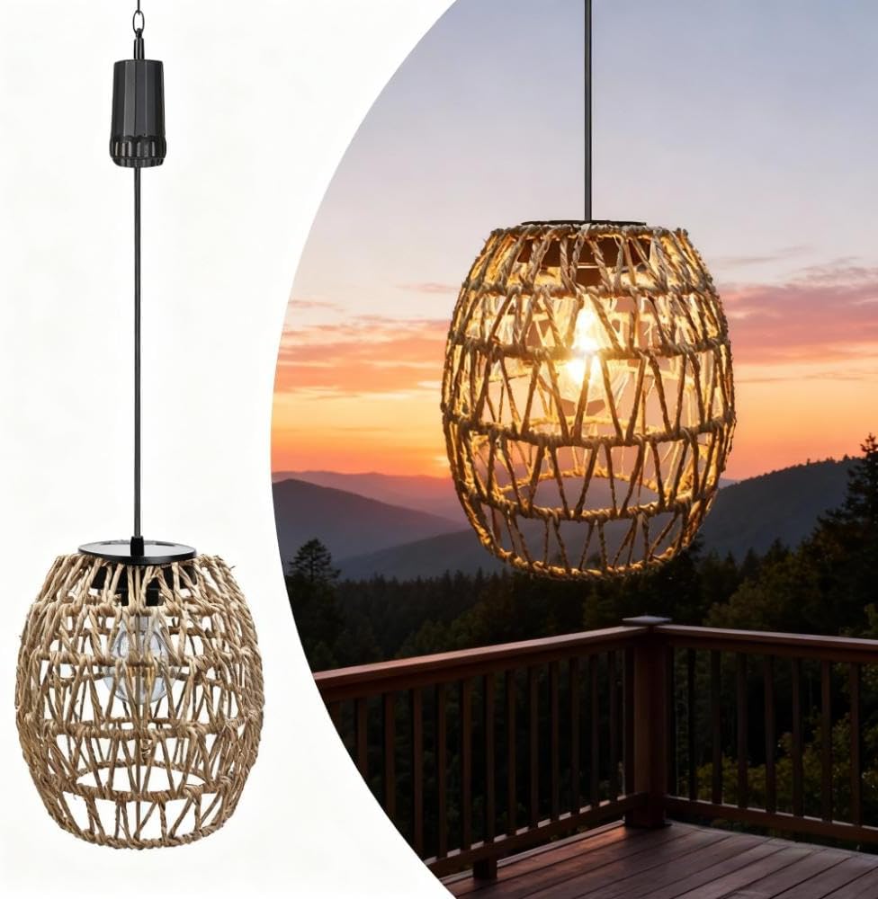 Batteriebetriebene Rattan Pendelleuchte Outdoor Hängelampe Laterne [Energieklasse A]